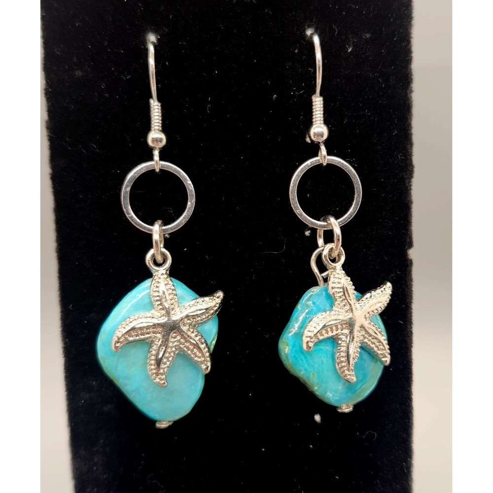 Beautiful Silver Starfish‎ and Turquoise Earrings. Faux Mother of Pearl Coast